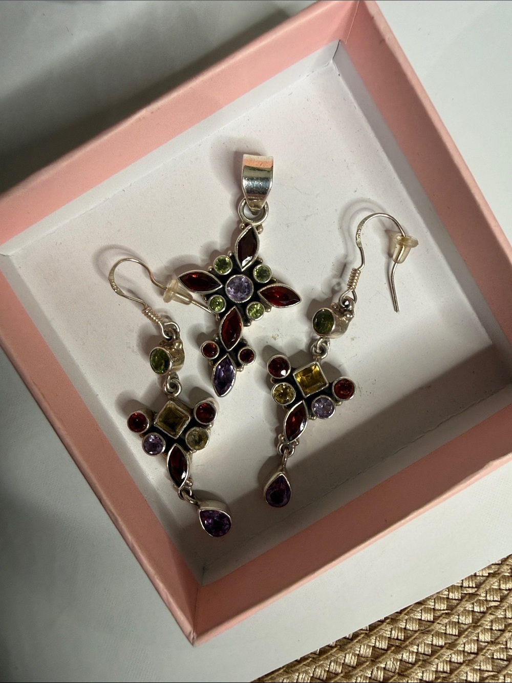 STERLING Silver SET 🔥Multicolor Gemstone Sterling Silver Pendant and Earrings Se